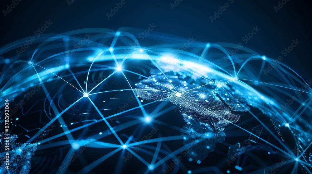 Poster abstract image of a glowing blue globe with interconnected lines, representing global communication 