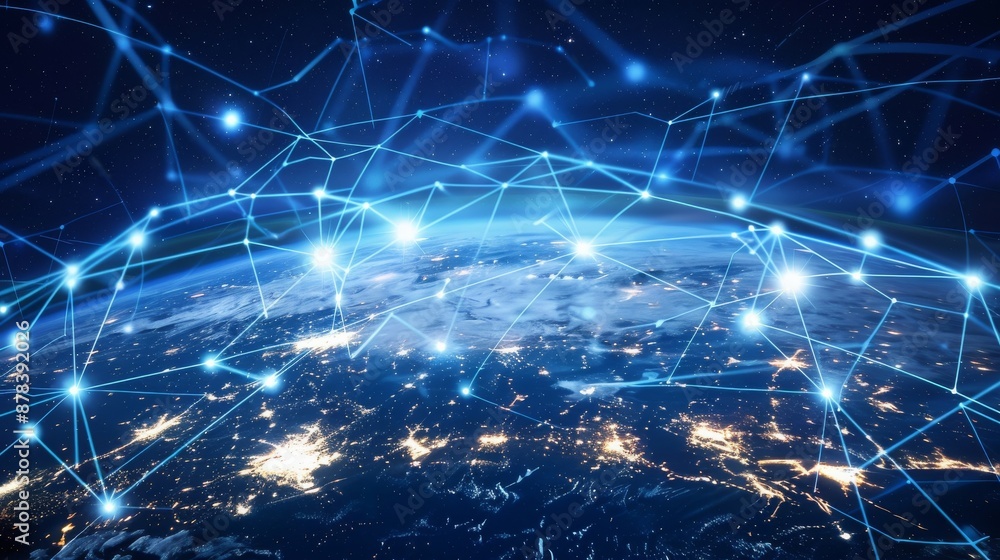 Poster abstract image of a glowing blue network of lines and dots connecting around the earth.