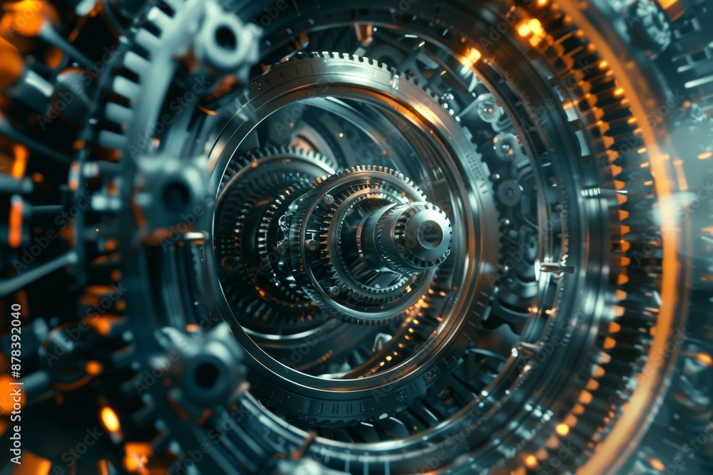 Poster abstract metallic gears and cogs interlock in a swirling, hypnotic pattern.
