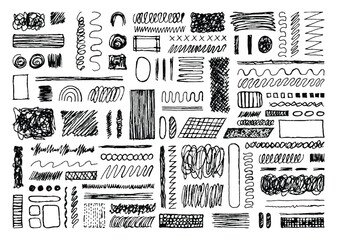 Abstract hand drawn pencil scribble set. Wavy, zigzag, circle, square, parallelogram, rectangle, straight lines, and curved shapes design bundle. Pen stroke template pack.