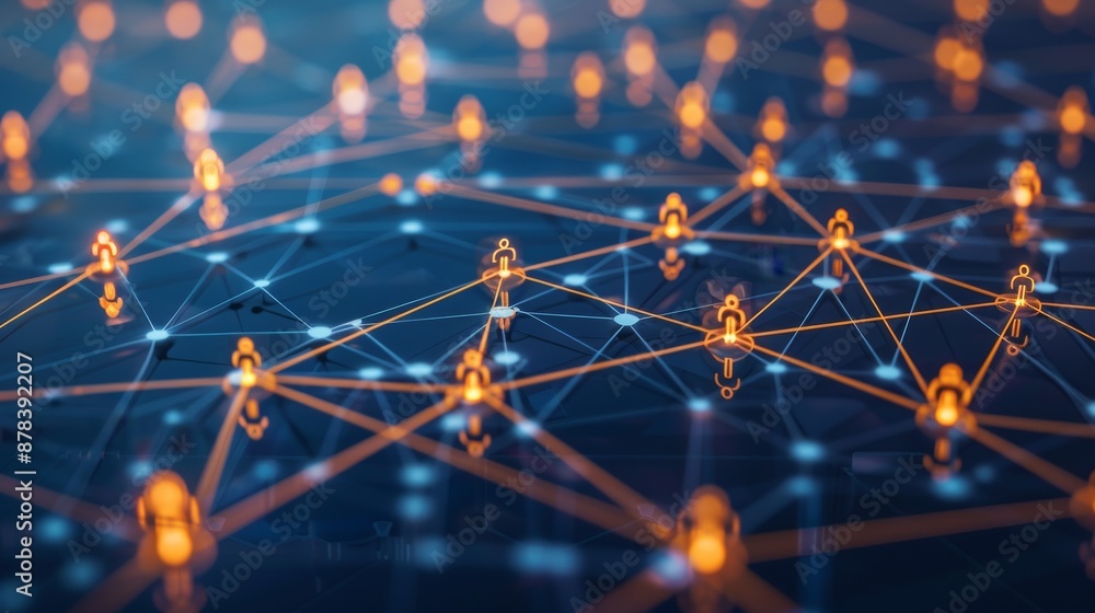 Poster abstract network of glowing nodes and lines, representing connection, data, and technology.