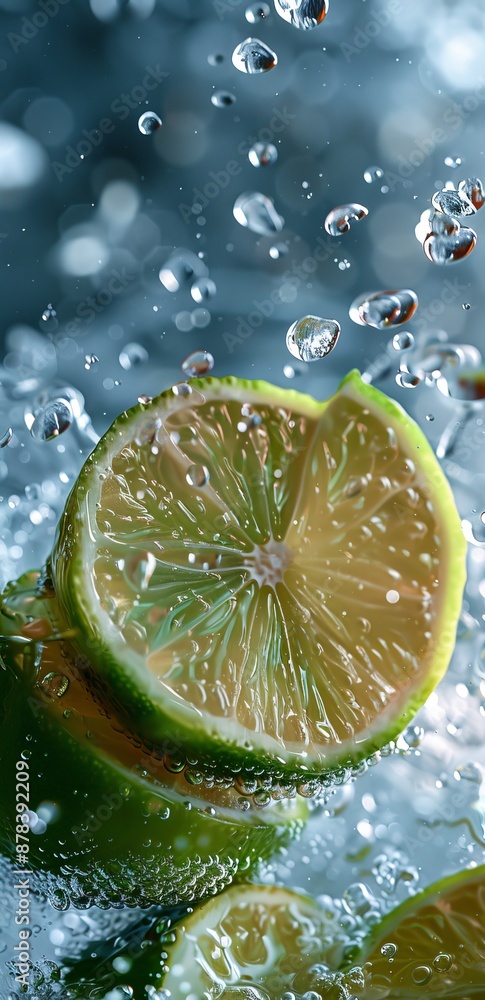 Poster close-up of fresh lime slices and sparkling water splash creating a refreshing and vivid scene
