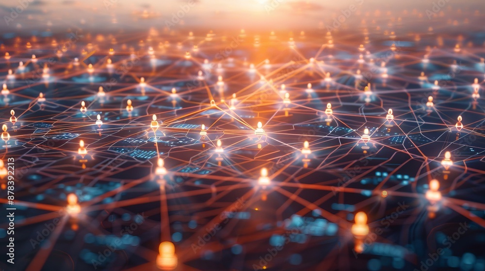 Poster abstract network of glowing points connected by lines, symbolizing communication, technology, and co