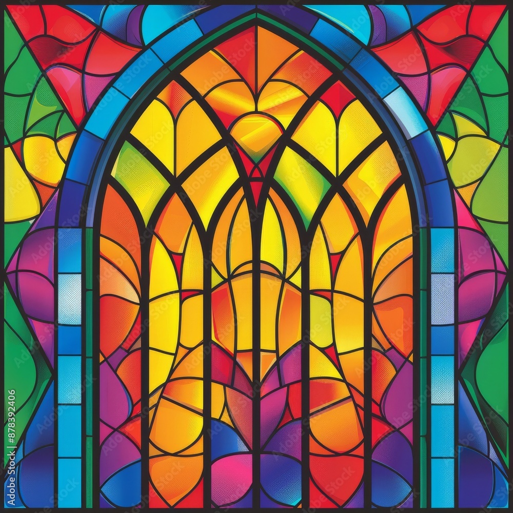 Poster abstract stained glass window with vibrant colors and geometric patterns.