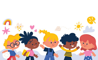 Fototapeta premium Group of happy running children, school kids run with books and backpacks. Boys and girls . Happy preschooler kids. Students ready to school.