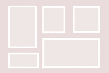 Empty post stamps set. Blank postal frames for mail letter with copy space for text or image. Postage perforated templates of paper postmarks. Vector illustration isolated on background