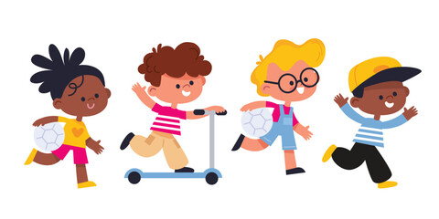 Cute children with sport equipment running together, boy riding a scooter. Children engage in activities in a good mood.