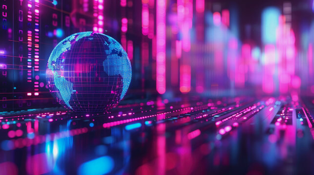 A glowing globe is placed on a dark background with a cityscape in the background.