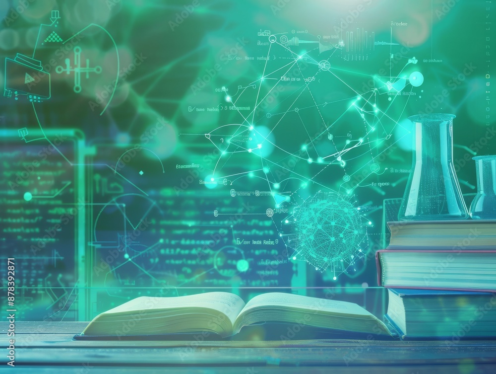 Aufkleber an open book sits on a table with a stack of books, beakers, and a glowing green background filled w