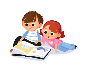 Cute boy and girl sitting on the floor and reading book, magazine with pleasure and curiosity. Reading for fun. Isolated vector illustration.