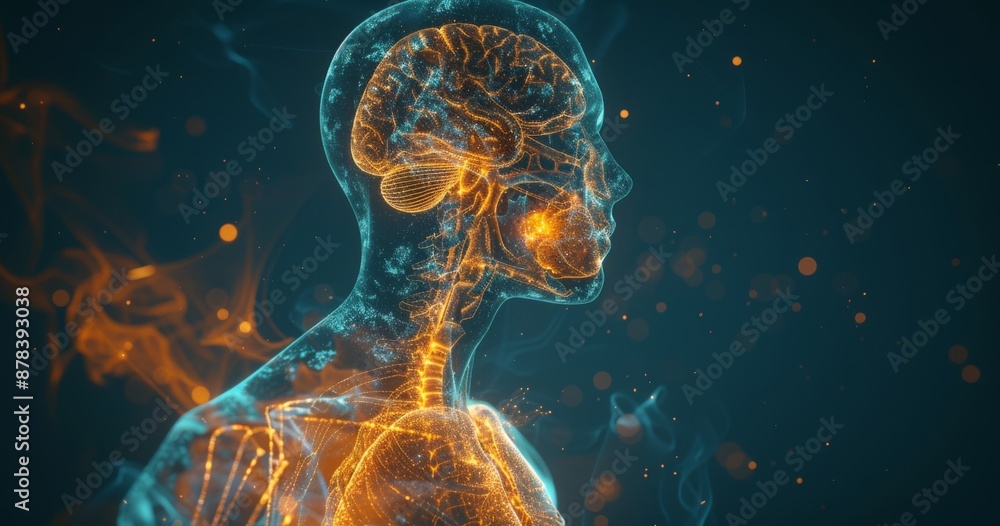 Poster digital representation of human anatomy with glowing brain and neural pathways in futuristic style