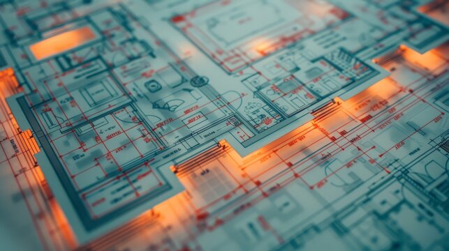 Blueprints with fire protection plans outline fire alarm locations, sprinkler systems,