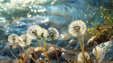 Obraz premium dandelion seeds with dew, next to the bank of a river generative ai