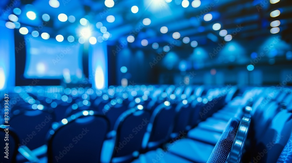 Poster blurred view of an empty auditorium with blue lighting and seats.