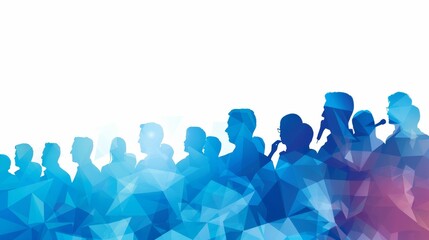 Blue silhouettes of a crowd of people on a white background.  The image is abstract and modern.  Perfect for a background or for use in a design.