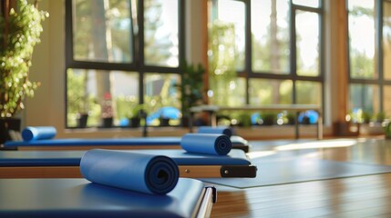 Obraz premium Blue yoga mats lay on reformer beds in a bright, airy studio. Sunlight streams through large windows.