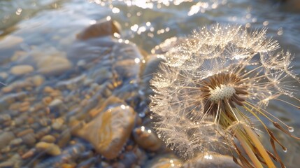 dandelion seeds with dew, next to the bank of a river generative ai