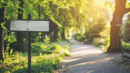 Blank wooden signpost in a lush green park with a pathway leading into the sunlight.