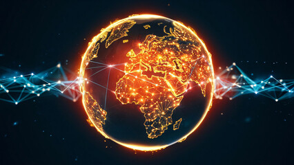 Obraz premium Glowing digital globe with dynamic interconnected lines, symbolizing global connectivity, communication, and technological advancements.