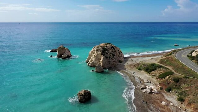Petra tou Romiou (Aphrodite's Rock) the birthplace of Aphrodite, Paphos, Cyprus. Aerial view of Petra tou Romiou, aka Aphrodite's rock a famous tourist travel destination landmark in Paphos, Cyprus.