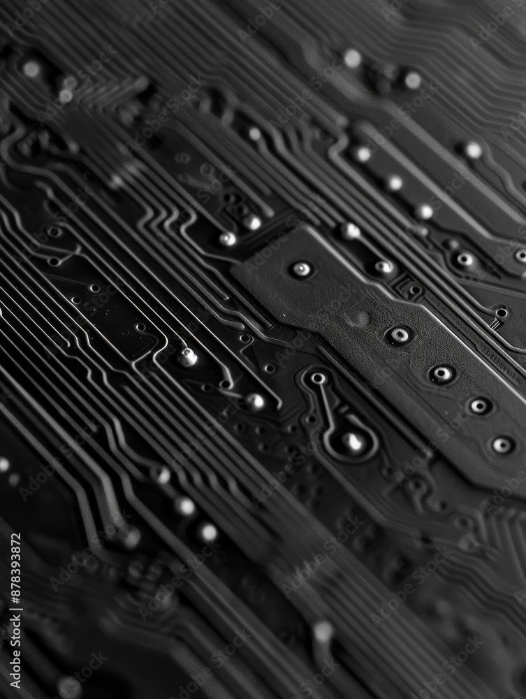 Poster close-up of a black circuit board with intricate lines and connectors. the image evokes technology, 