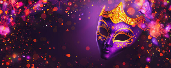 Purple and gold venetian mask with bokeh lights