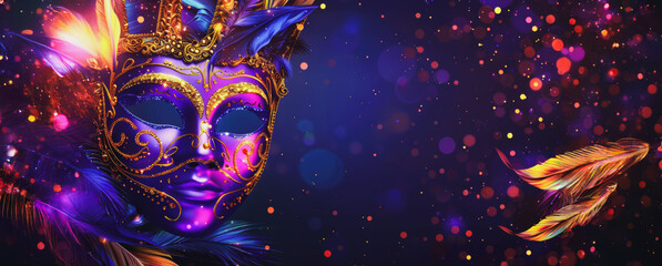 Purple and gold venetian carnival mask with feathers