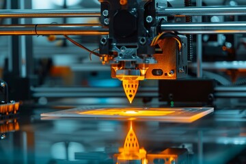 Fototapeta premium Close-up of a 3D printer nozzle extruding molten plastic onto a build platform