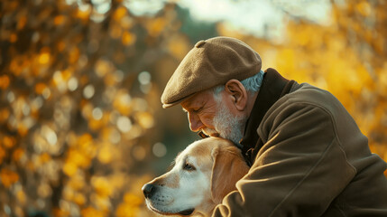 Affectionate senior man with beard cuddling a golden retriever in an autumn park