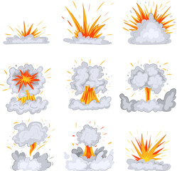 Obraz premium explosion effect set cartoon. energy cloud, flame yellow, abstract comic explosion effect sign. isolated symbol vector illustration