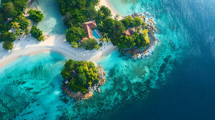 Drone view of a picturesque island with white sandy beaches, turquoise waters, and a coral reef surrounding it, making it a perfect paradise for nature lovers and vacationers