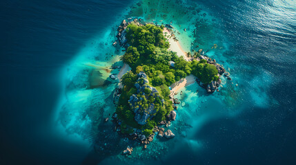 Drone view of a picturesque island with white sandy beaches, turquoise waters, and a coral reef surrounding it, making it a perfect paradise for nature lovers and vacationers