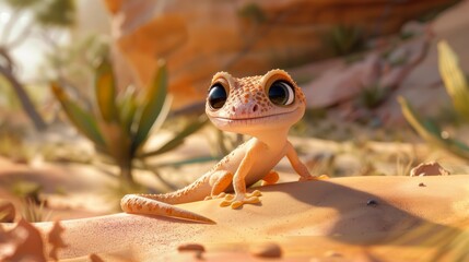 Cute gecko with big eyes is sitting on a sand dune in the desert, enjoying the warm sun and the peace of the natural environment
