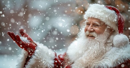 Santa Claus smiling and holding snow in a winter wonderland