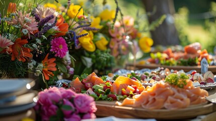 An enticing addition to the midsummer solstice spread is the Scandinavian salmon salad, beautifully presented on the outdoor buffet table next to a vibrant bouquet of summer flowers.


