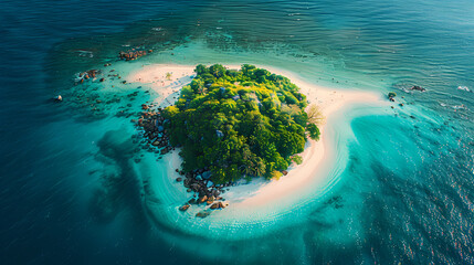 Drone view of a picturesque island with white sandy beaches, turquoise waters, and a coral reef surrounding it, making it a perfect paradise for nature lovers and vacationers