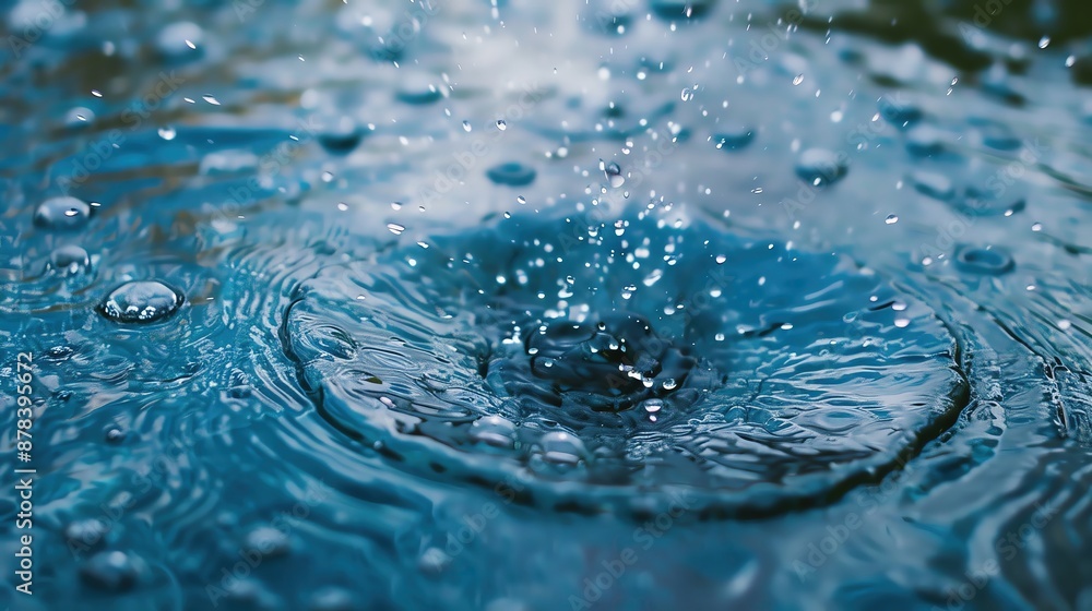 Poster close-up of a water droplet creating ripples on a blue surface with a soft background. captures the 