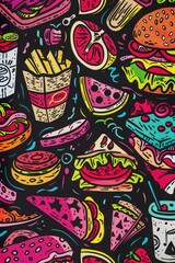 Naklejka premium Colorful doodle pattern featuring various fast food items on a black background.
