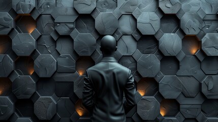 Obraz premium Businessman is standing with his back turned in front of a futuristic wall made of hexagons, some of which are illuminated from within