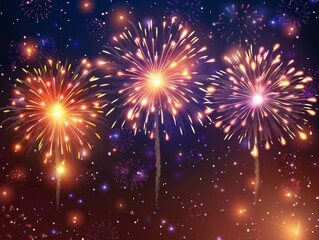 Colorful fireworks exploding against a dark night sky with sparkling stars.