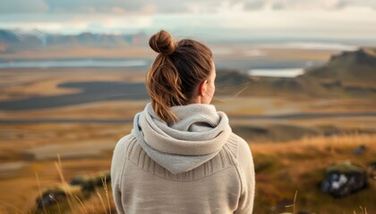 A Woman Gazing at the Breathtaking Icelandic Landscape, Witnessing the Raw Beauty of Iceland's Nature, Female Watching the Scenery of Iceland, Iceland Travel Photography, Stunning Icelandic Views