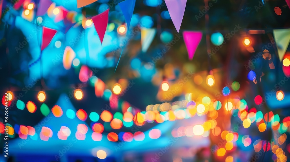 Aufkleber colorful string lights and bunting flags create a festive atmosphere at a nighttime celebration.