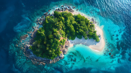 Drone view of a picturesque island with white sandy beaches, turquoise waters, and a coral reef surrounding it, making it a perfect paradise for nature lovers and vacationers