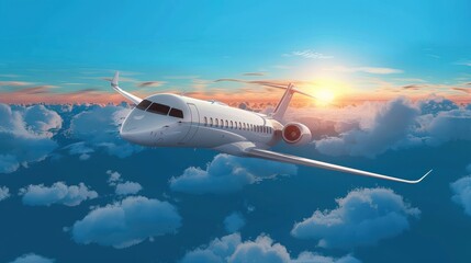 Obraz premium A sophisticated private jet soaring high above the clouds with the soft glow of sunrise in the background, symbolizing luxury, adventure, and the ultimate high-flying experience.
