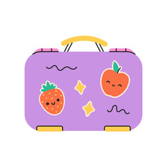 Cute lunch box for kids. School lunch box. Container for food with cute stickers. Vector illustration in flat style