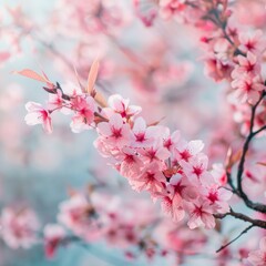 Obraz premium Delicate pink cherry blossoms in full bloom, a sign of spring and new beginnings.
