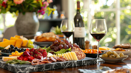 Gourmet Brunch Table Setup with Assorted Cheese and Wine