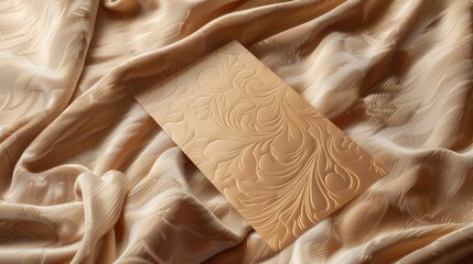 Elegant, embossed, gold invitation card on a soft, flowing fabric background.  Perfect for wedding, anniversary, or special event.