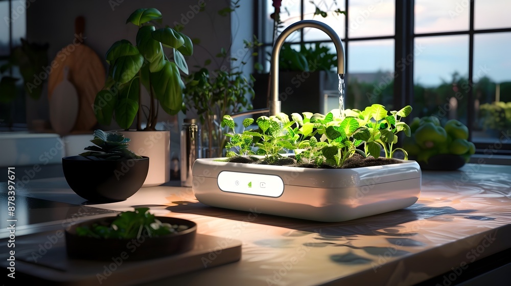 Poster innovative smart home garden system with automated light and watering controls