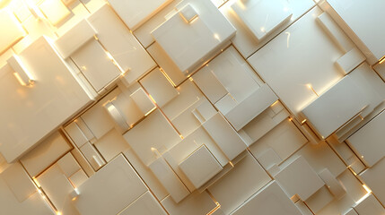 cuadro decorativo para diseño con elementos en tercera dimension color beige y lineas doradas con iluminacion colores neutros fondo elegante y artistico